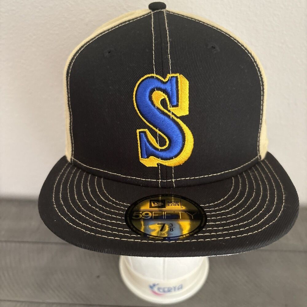 seattle mariners 59fifty new era fitted hat 7 3/8 Black Tan 35th Anniversary MLB